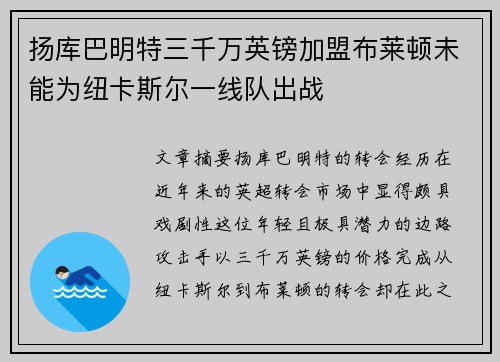扬库巴明特三千万英镑加盟布莱顿未能为纽卡斯尔一线队出战